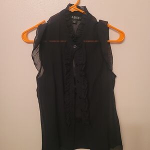 A. Byer Black Ruffle Button-Down Sheer Blouse With Attached Cami.